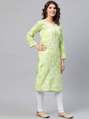 Hand Crafted Green Cotton Lucknow Chikan Indian Women Kurta 4