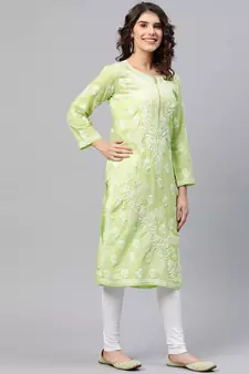 Hand Crafted Green Cotton Lucknow Chikan Indian Women Kurta