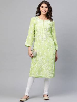 Hand Crafted Green Cotton Lucknow Chikan Indian Women Kurta 5