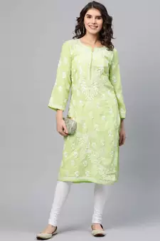 Hand Crafted Green Cotton Lucknow Chikan Indian Women Kurta