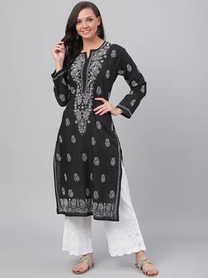 Handmade Black Cotton Lucknowi Chikankari Indian Women Kurta 1