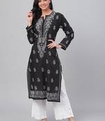 Handmade Black Cotton Lucknowi Chikankari Indian Women Kurta