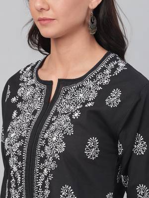 Handmade Black Cotton Lucknowi Chikankari Indian Women Kurta 2