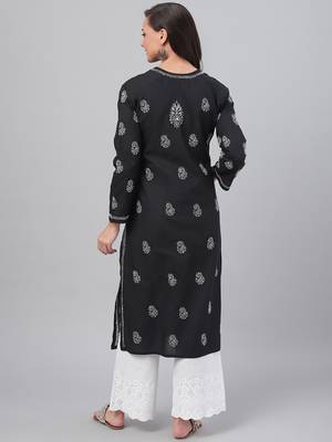 Handmade Black Cotton Lucknowi Chikankari Indian Women Kurta 3