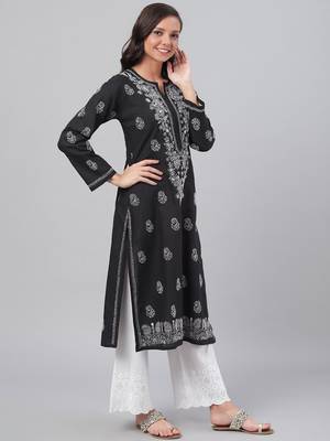 Handmade Black Cotton Lucknowi Chikankari Indian Women Kurta 4