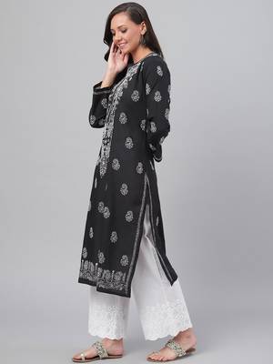 Handmade Black Cotton Lucknowi Chikankari Indian Women Kurta 5