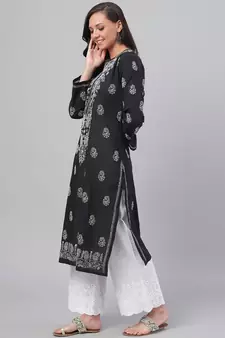 Handmade Black Cotton Lucknowi Chikankari Indian Women Kurta