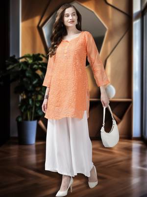 Hand Crafted Orange Organza Lucknowi Chikankari Indian Women Short Kurti With Slip 1