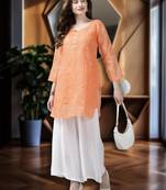 Hand Crafted Orange Organza Lucknowi Chikankari Indian Women Short Kurti With Slip