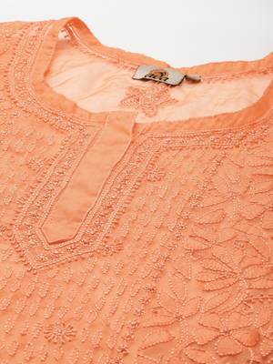 Hand Crafted Orange Organza Lucknowi Chikankari Indian Women Short Kurti With Slip 2