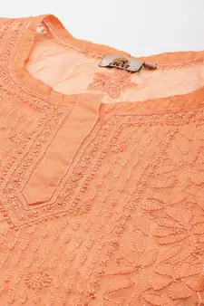 Hand Crafted Orange Organza Lucknowi Chikankari Indian Women Short Kurti With Slip