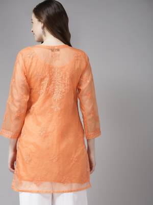 Hand Crafted Orange Organza Lucknowi Chikankari Indian Women Short Kurti With Slip 3