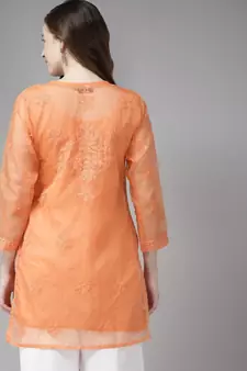 Hand Crafted Orange Organza Lucknowi Chikankari Indian Women Short Kurti With Slip