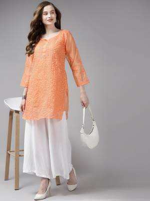 Hand Crafted Orange Organza Lucknowi Chikankari Indian Women Short Kurti With Slip 4