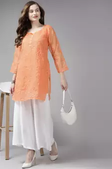 Hand Crafted Orange Organza Lucknowi Chikankari Indian Women Short Kurti With Slip