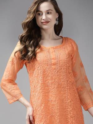 Hand Crafted Orange Organza Lucknowi Chikankari Indian Women Short Kurti With Slip 5