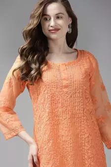 Hand Crafted Orange Organza Lucknowi Chikankari Indian Women Short Kurti With Slip