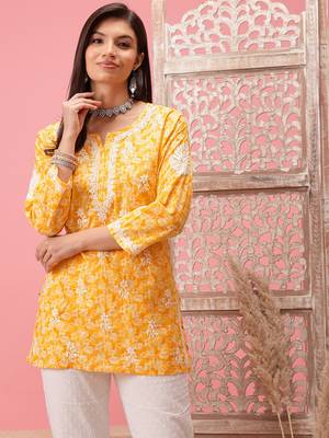 Hand Crafted Yellow Cotton Lucknowi Chikankari Straight Indian Women Short Kurti 1