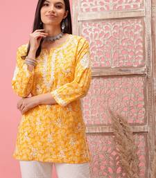 Hand Crafted Yellow Cotton Lucknowi Chikankari Straight Indian Women Short Kurti
