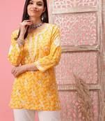 Hand Crafted Yellow Cotton Lucknowi Chikankari Straight Indian Women Short Kurti