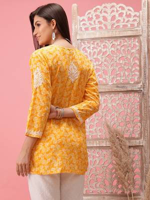 Hand Crafted Yellow Cotton Lucknowi Chikankari Straight Indian Women Short Kurti 2