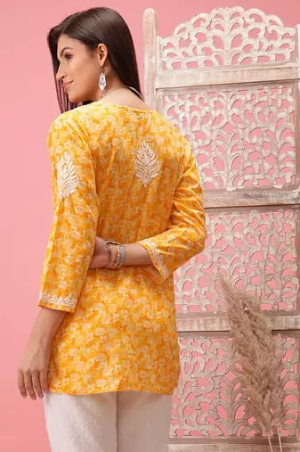 Hand Crafted Yellow Cotton Lucknowi Chikankari Straight Indian Women Short Kurti