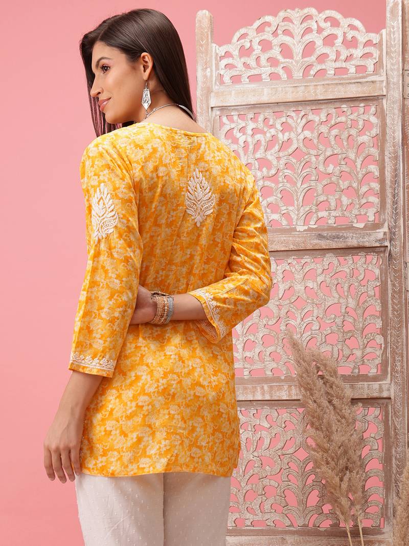 Hand Crafted Yellow Cotton Lucknowi Chikankari Straight Indian Women Short Kurti