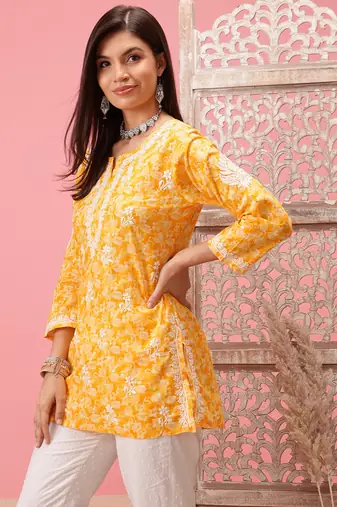 Hand Crafted Yellow Cotton Lucknowi Chikankari Straight Indian Women Short Kurti