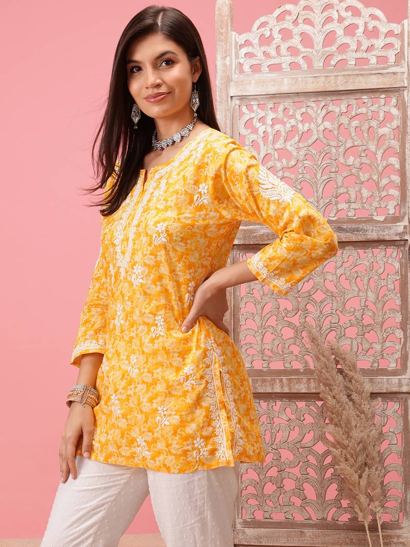 Hand Crafted Yellow Cotton Lucknowi Chikankari Straight Indian Women Short Kurti