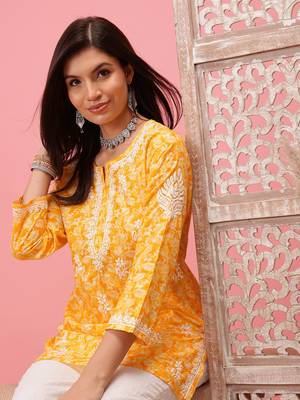 Hand Crafted Yellow Cotton Lucknowi Chikankari Straight Indian Women Short Kurti 4