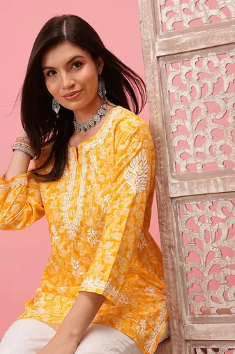 Hand Crafted Yellow Cotton Lucknowi Chikankari Straight Indian Women Short Kurti
