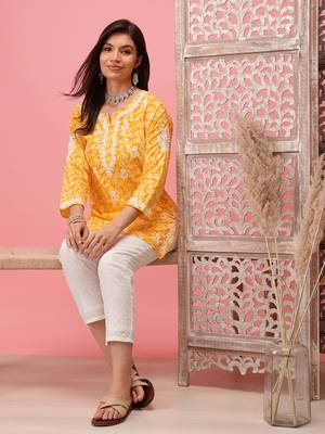 Hand Crafted Yellow Cotton Lucknowi Chikankari Straight Indian Women Short Kurti 5