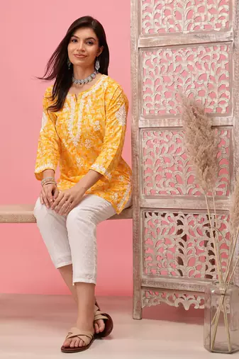 Hand Crafted Yellow Cotton Lucknowi Chikankari Straight Indian Women Short Kurti