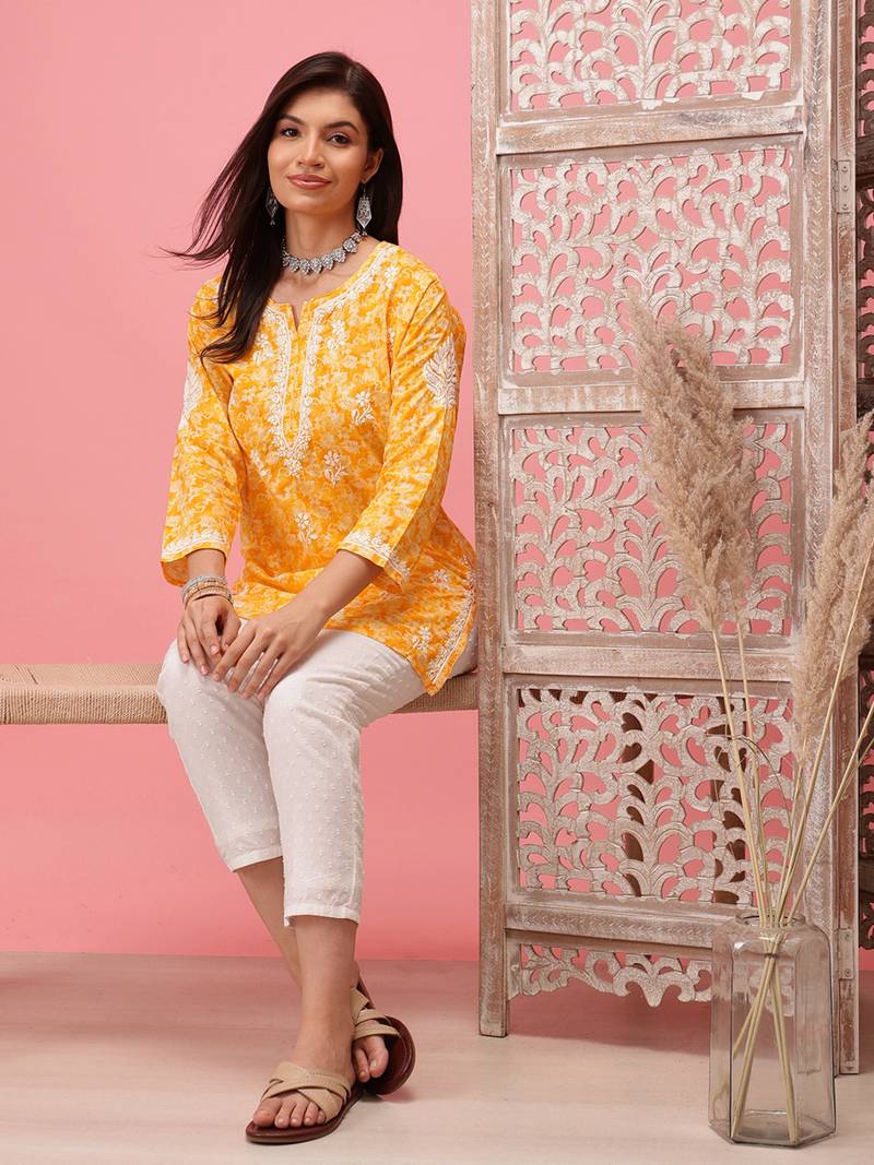 Hand Crafted Yellow Cotton Lucknowi Chikankari Straight Indian Women Short Kurti