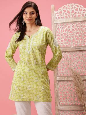 Handmade Green Cotton Lucknowi Chikankari Indian Women Short Kurti 1