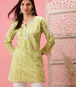 Handmade Green Cotton Lucknowi Chikankari Indian Women Short Kurti