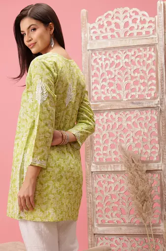 Handmade Green Cotton Lucknowi Chikankari Indian Women Short Kurti