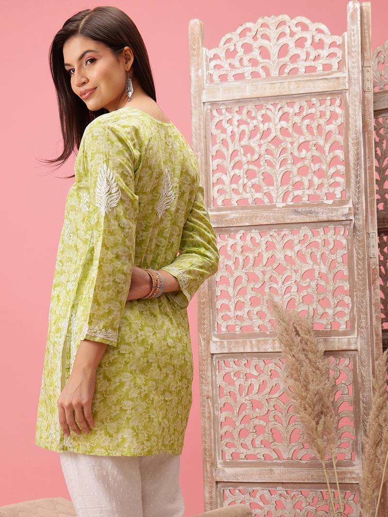 Handmade Green Cotton Lucknowi Chikankari Indian Women Short Kurti