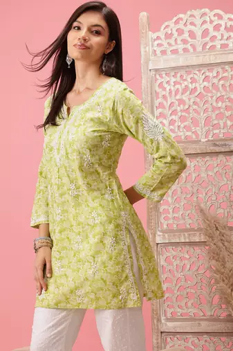 Handmade Green Cotton Lucknowi Chikankari Indian Women Short Kurti