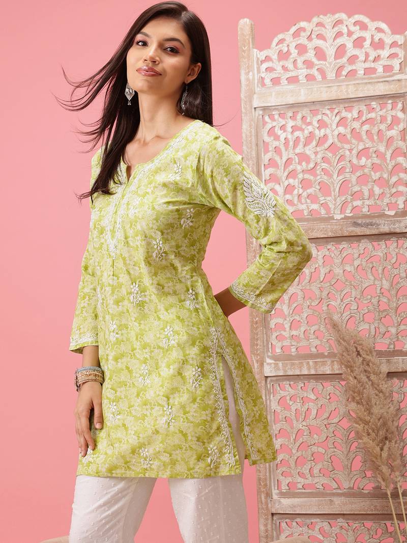 Handmade Green Cotton Lucknowi Chikankari Indian Women Short Kurti