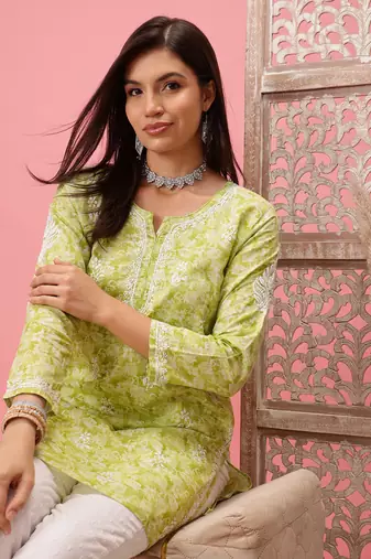 Handmade Green Cotton Lucknowi Chikankari Indian Women Short Kurti