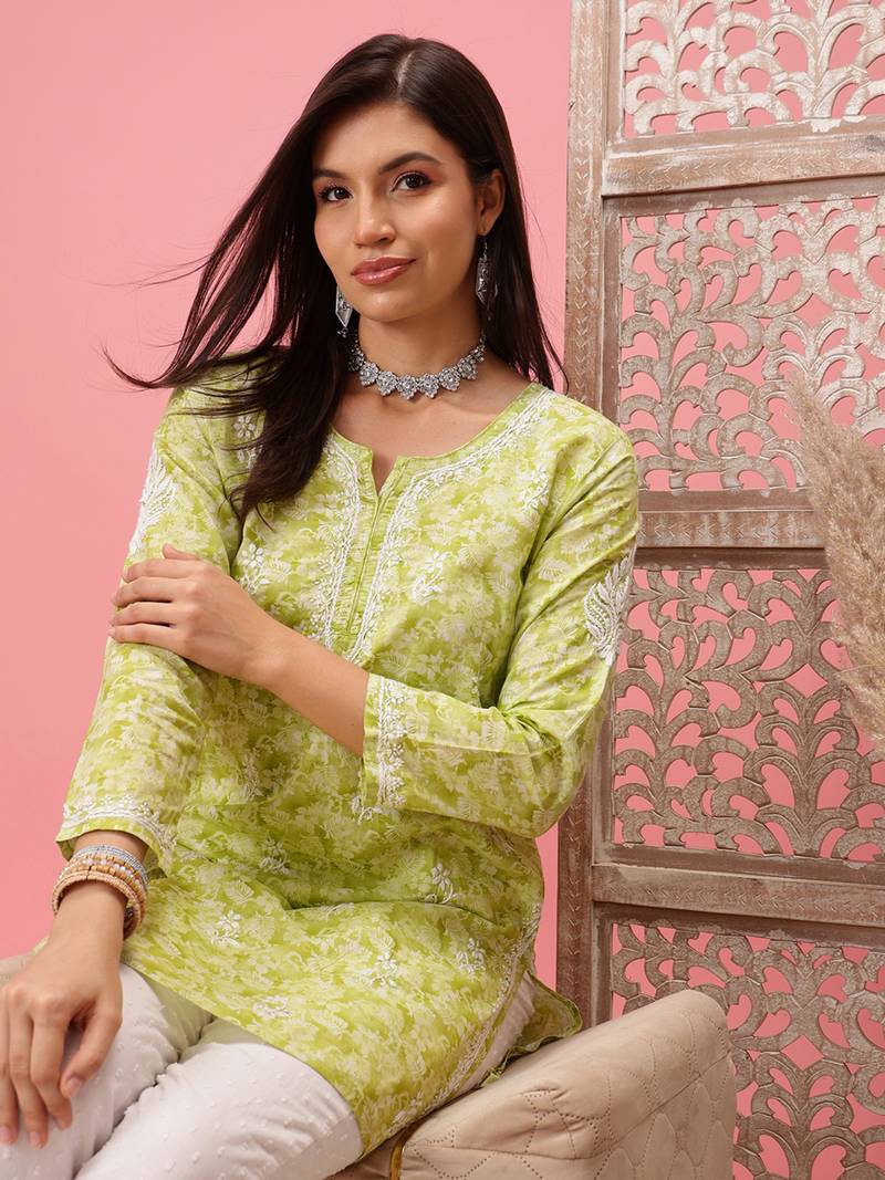 Handmade Green Cotton Lucknowi Chikankari Indian Women Short Kurti