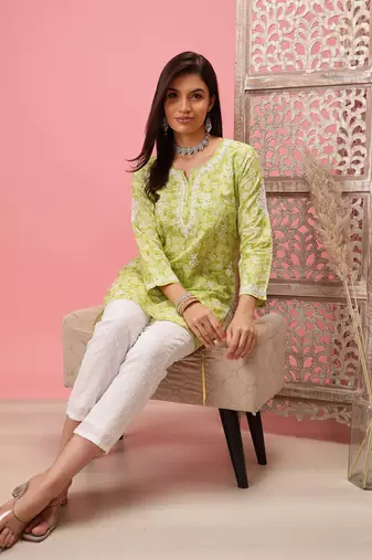 Handmade Green Cotton Lucknowi Chikankari Indian Women Short Kurti