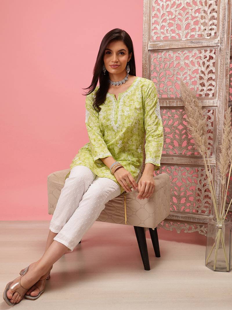 Handmade Green Cotton Lucknowi Chikankari Indian Women Short Kurti
