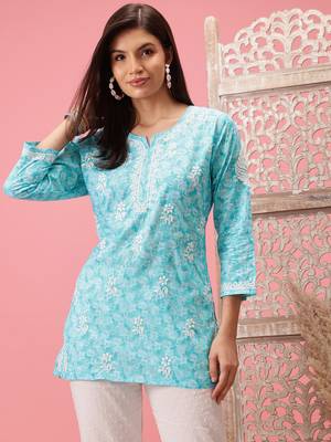 Hand Crafted Blue Cotton Lucknowi Chikankari Indian Women Short Kurti 1