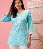Hand Crafted Blue Cotton Lucknowi Chikankari Indian Women Short Kurti