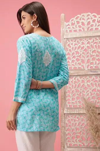 Hand Crafted Blue Cotton Lucknowi Chikankari Indian Women Short Kurti