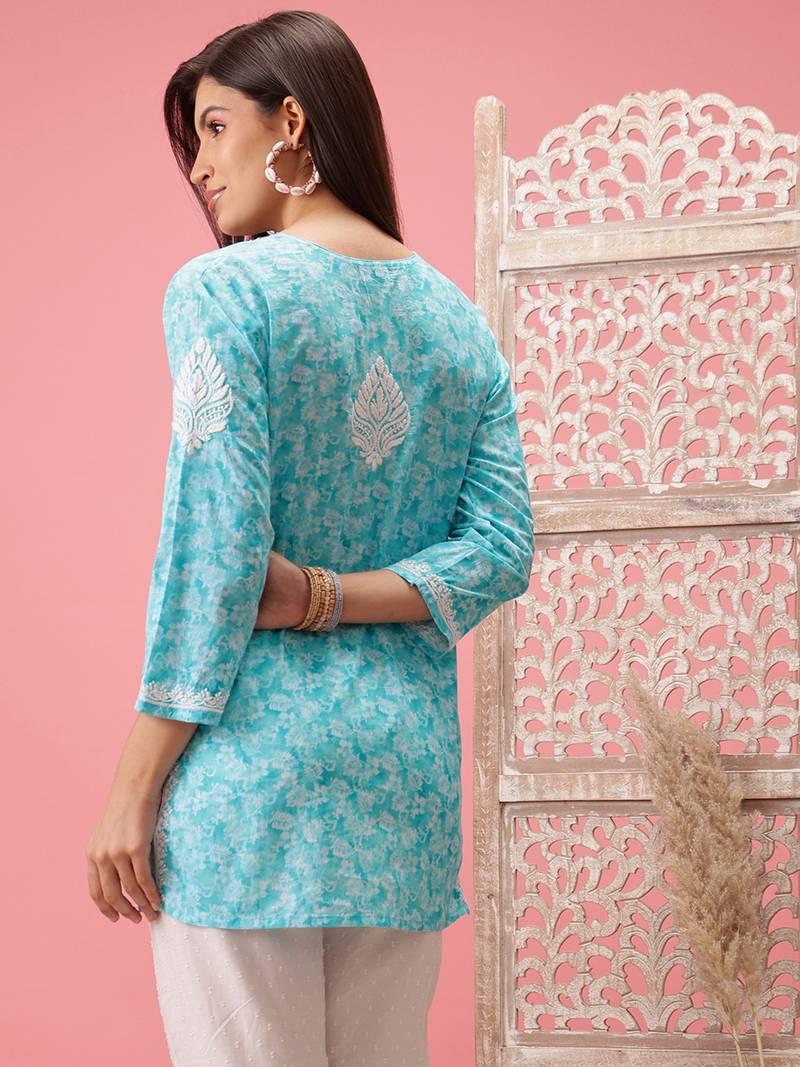 Hand Crafted Blue Cotton Lucknowi Chikankari Indian Women Short Kurti