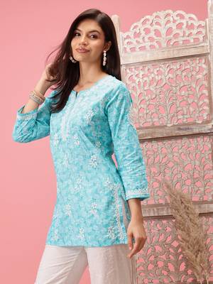 Hand Crafted Blue Cotton Lucknowi Chikankari Indian Women Short Kurti 3