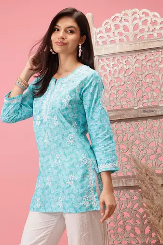 Hand Crafted Blue Cotton Lucknowi Chikankari Indian Women Short Kurti